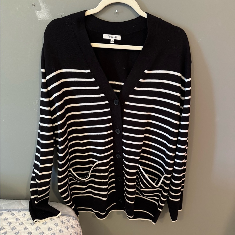 Madewell Black and White Striped Cardigan Lightweight Wool Sweater